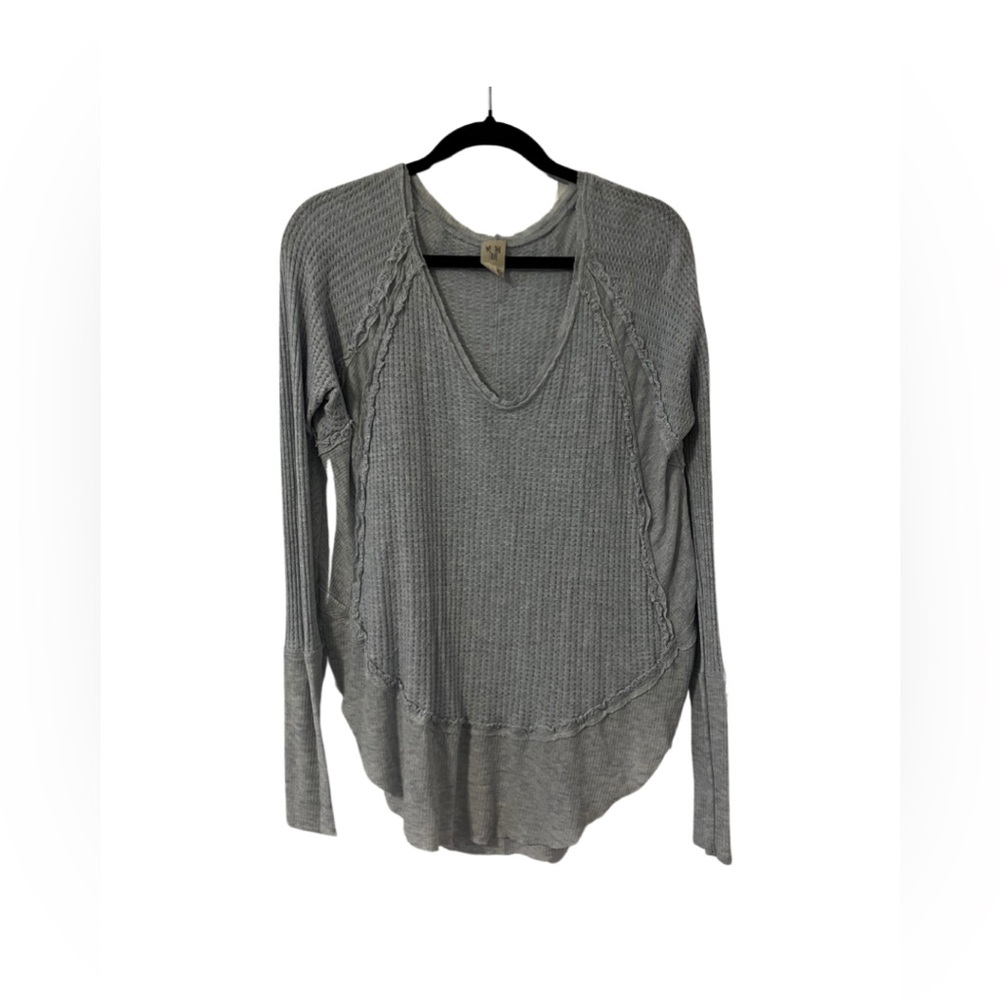 We the free, dusty, blue waffle knit thermal long sleeve with curved hem